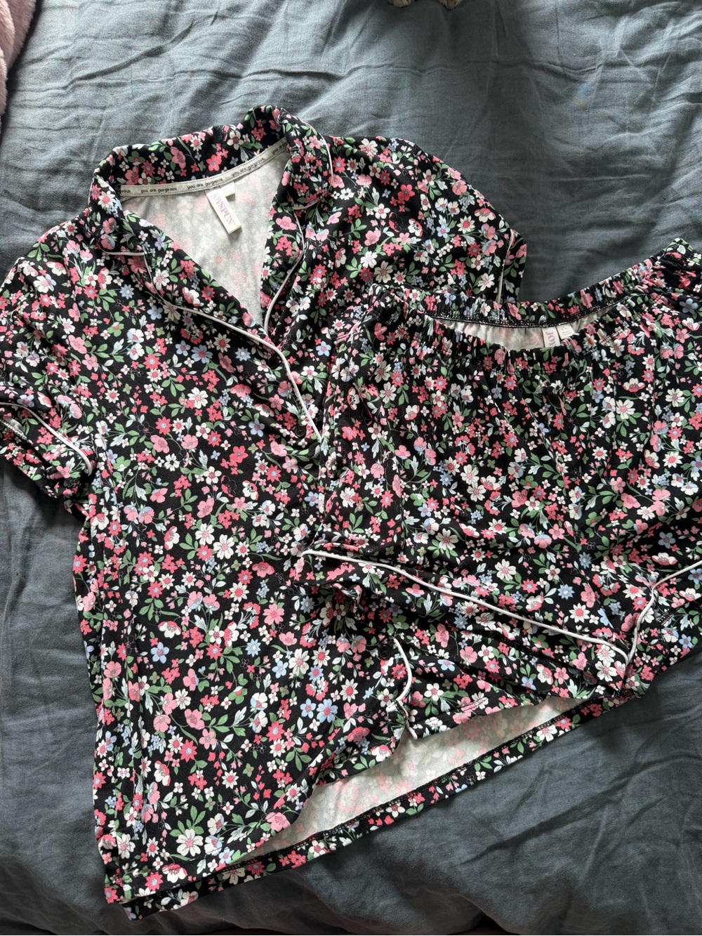 JoySpun Floral Short Pajama Set - Pink, White & Green on Black